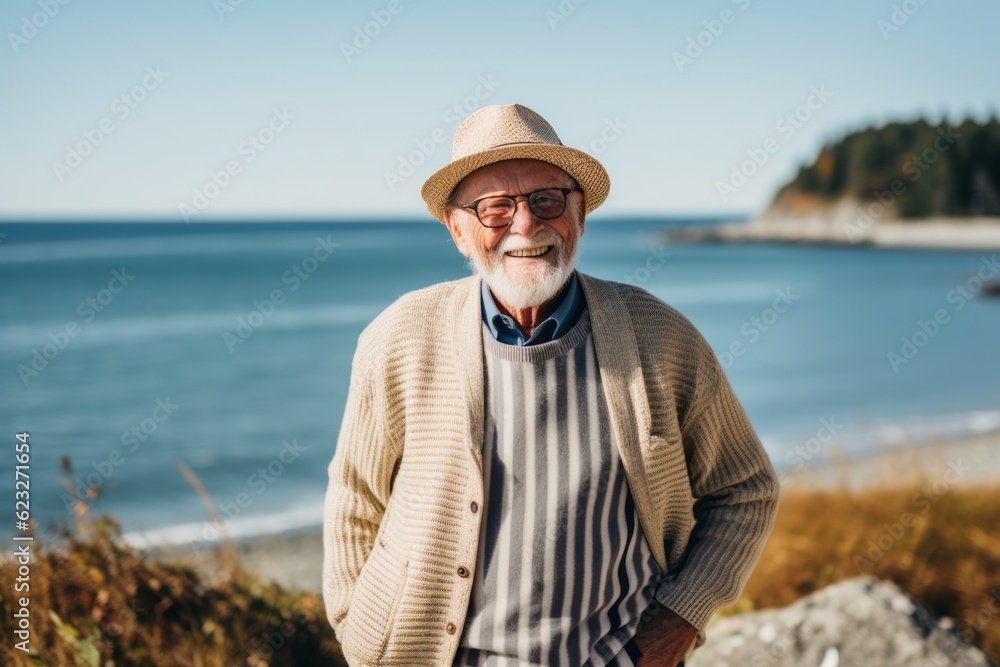 Portrait of senior man standing on the beach at autumn day.