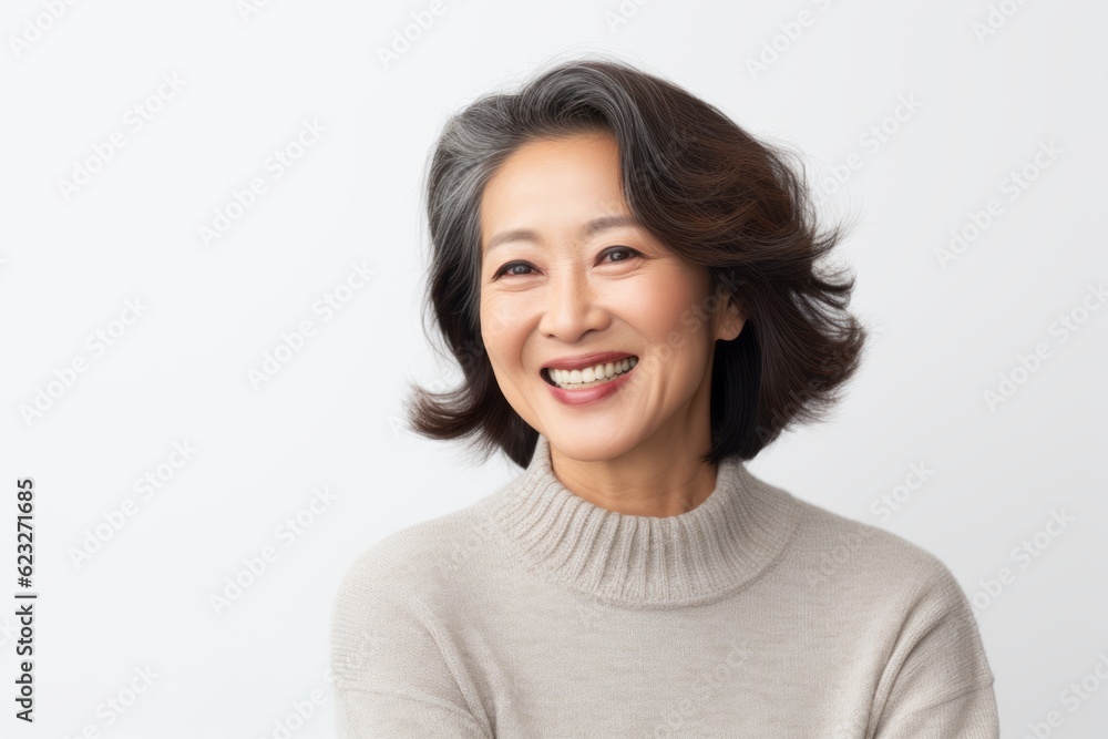 Portrait of a happy middle-aged asian woman smiling over white background Portrait of a happy middle-aged asian woman smiling over white background