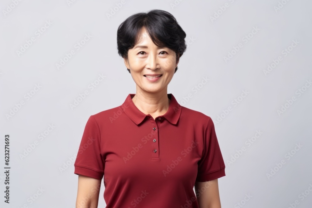Portrait of a smiling senior asian woman in red polo shirt Portrait of a smiling senior asian woman in red polo shirt