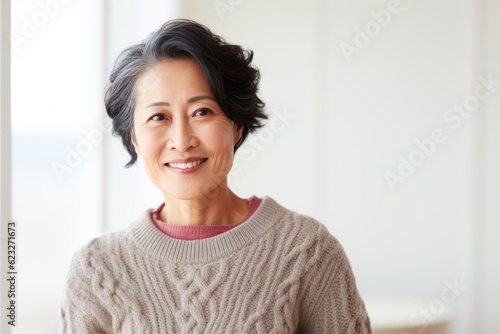 happy asian senior woman looking at camera in living room at home