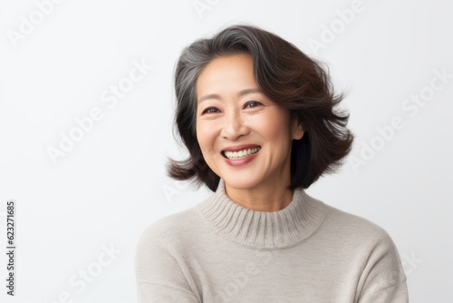 Portrait of a happy middle-aged asian woman smiling over white background