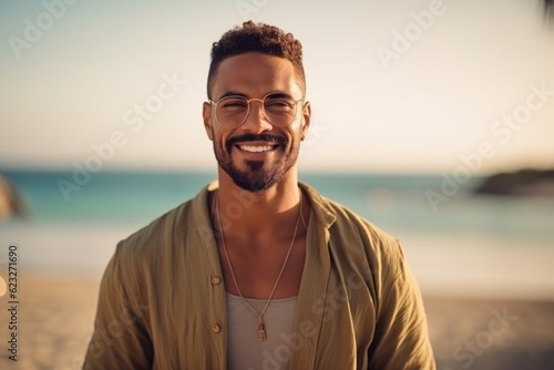 Portrait of a handsome young man with sunglasses smiling on the beach