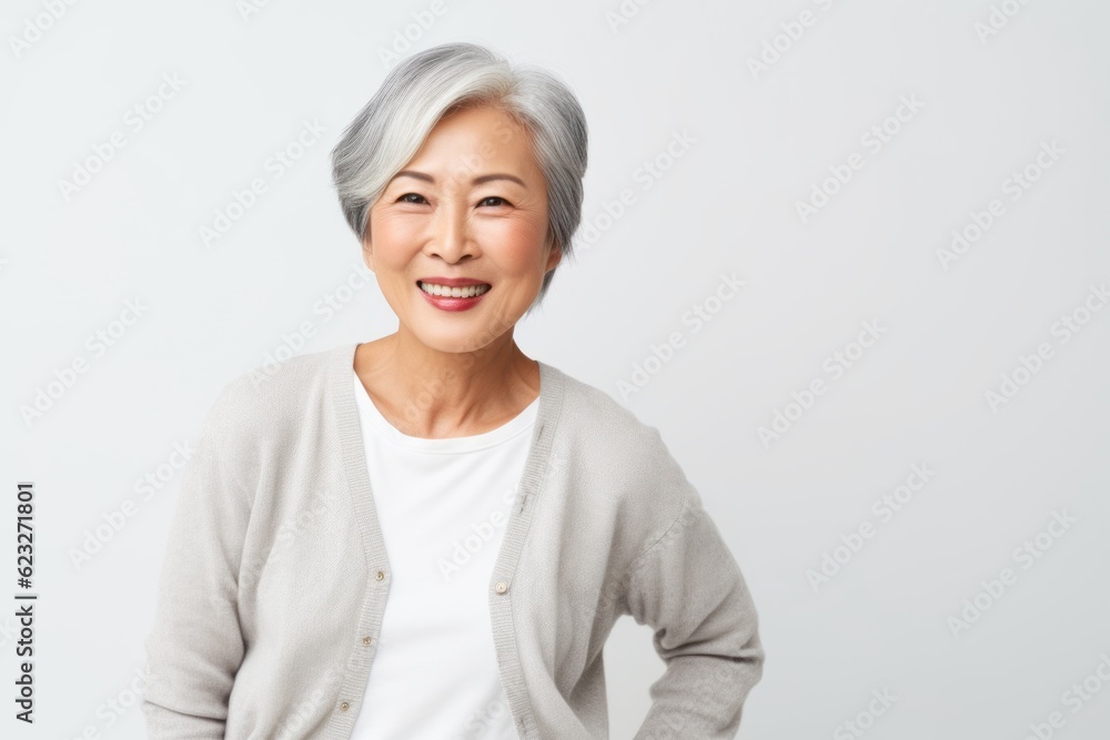 Portrait of a smiling senior asian woman standing over white background Portrait of a smiling senior asian woman standing over white background