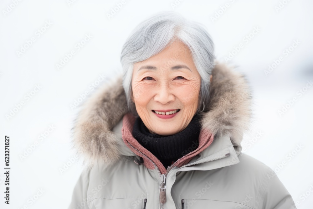 senior asian woman wearing winter jacket with fur hood on white background senior asian woman wearing winter jacket with fur hood on white background