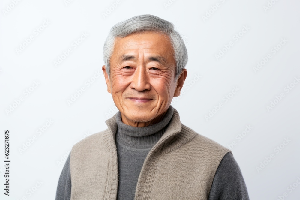 Portrait of happy senior asian man in grey sweater on white background Portrait of happy senior asian man in grey sweater on white background
