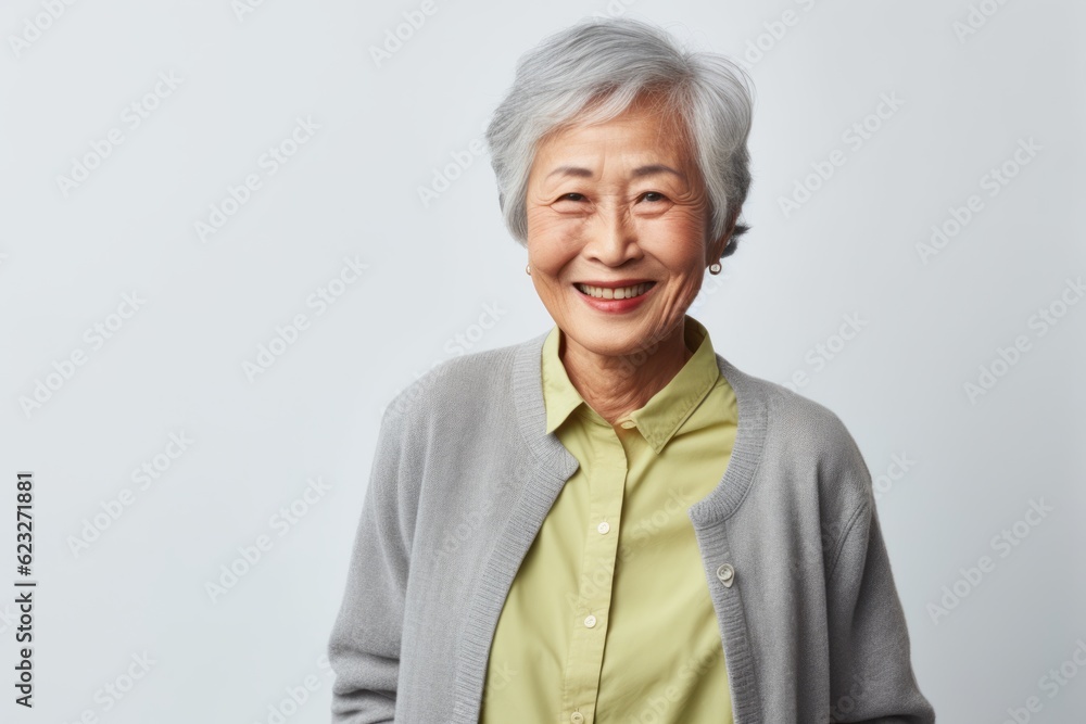 Portrait of a happy senior asian woman standing against white background Portrait of a happy senior asian woman standing against white background