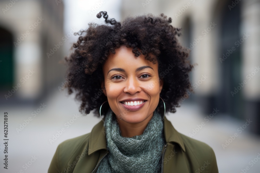 Fototapeta premium Closeup portrait of a smiling young african american woman in the city