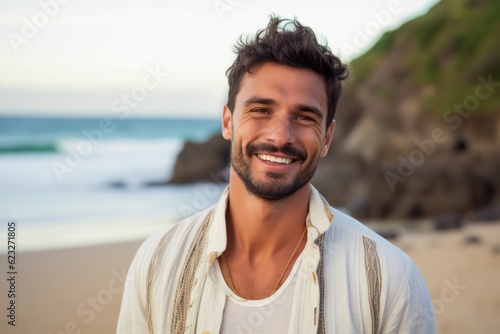 Medium shot portrait photography of a happy Brazilian man in his 30s wearing a chic cardigan against a beach background 