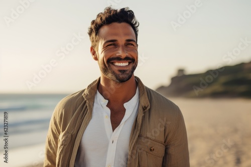 Portrait of a smiling young man standing on the beach at sunset