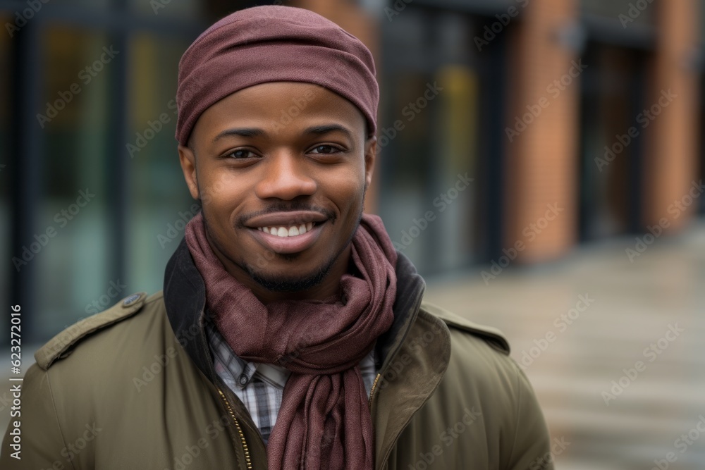 Portrait of smiling african american man in scarf and coat outdoors Portrait of smiling african american man in scarf and coat outdoors