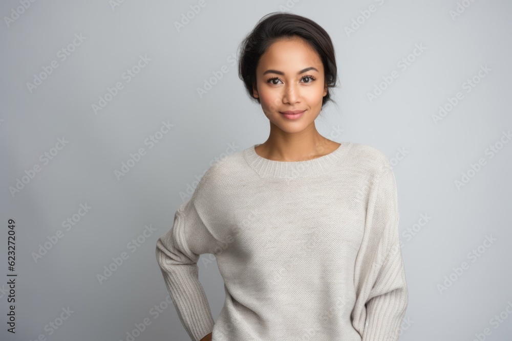 Portrait of young beautiful asian woman in white sweater against grey background