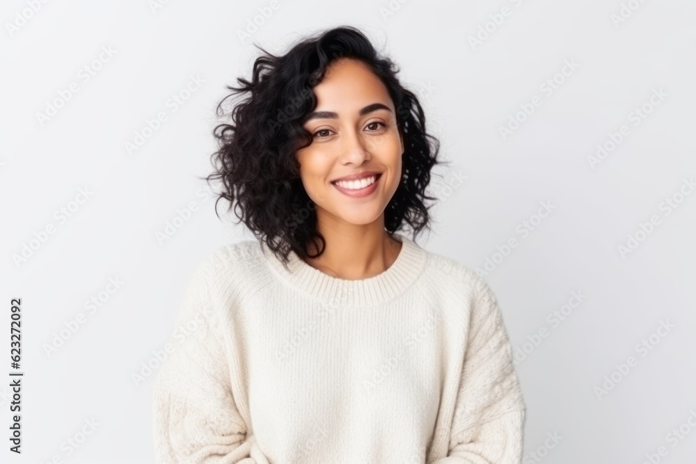 Obraz premium Portrait of smiling young woman in sweater looking at camera over white background