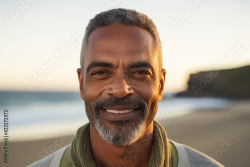 Portrait of smiling man looking at camera on beach during sunny day