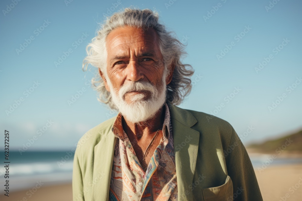 Portrait of senior man looking at camera at beach during sunny day
