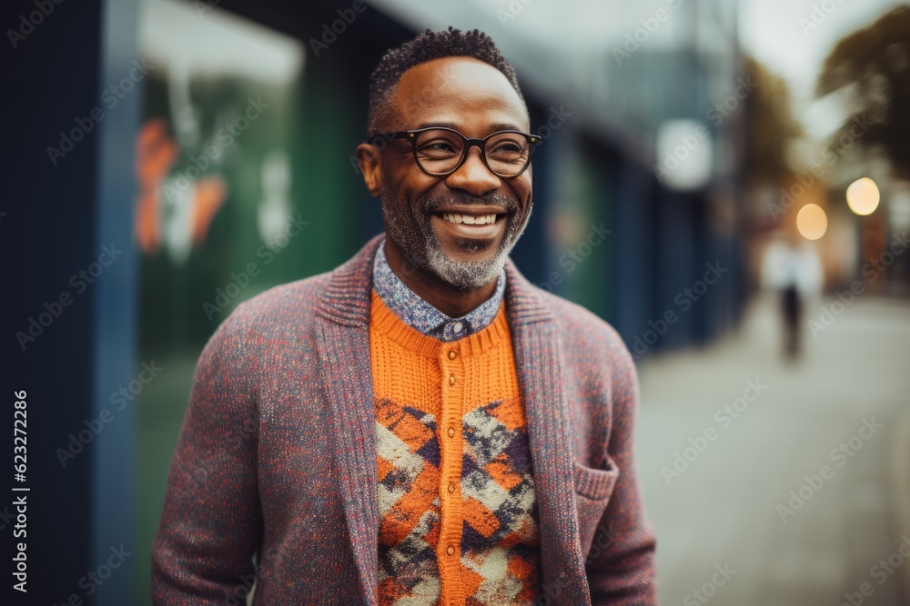 Obraz premium Portrait of a smiling african american man with eyeglasses standing outside