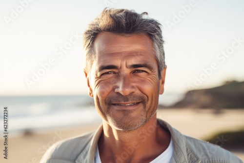Portrait of smiling mature man standing on beach at the day time
