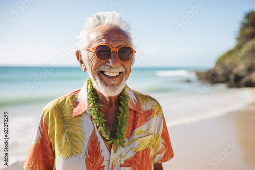 Portrait of smiling senior man wearing sunglasses at beach on a sunny day