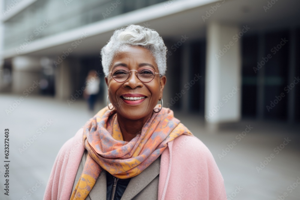 Portrait of smiling african american woman in eyeglasses standing outdoors