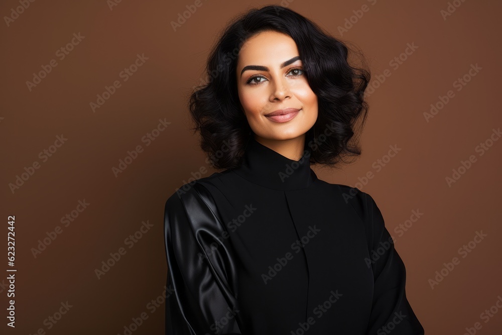 Portrait of a beautiful brunette woman in black dress on brown background Portrait of a beautiful brunette woman in black dress on brown background