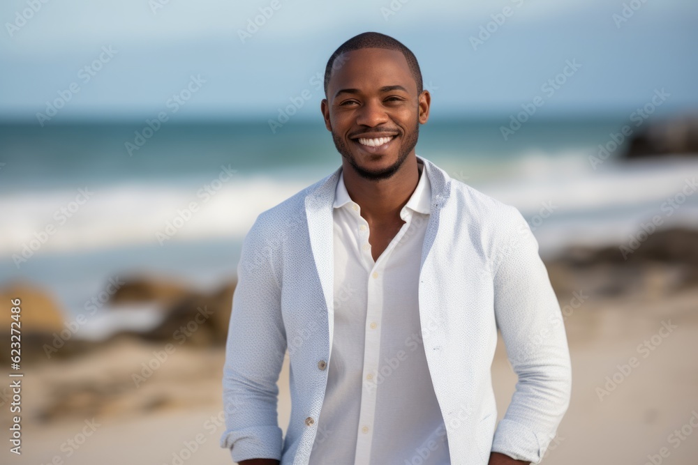 Portrait of smiling young man standing with hands in pockets at beach Portrait of smiling young man standing with hands in pockets at beach