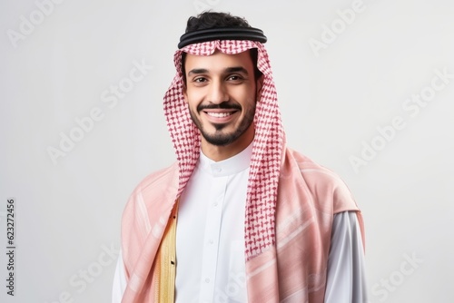 Portrait of arabic man smiling at camera over white background