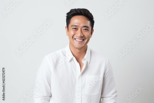 Smiling asian man in white shirt standing over white background.