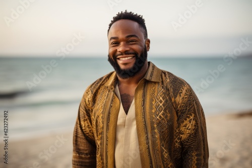 Medium shot portrait photography of a pleased Nigerian man in his 30s wearing a chic cardigan against a beach background 