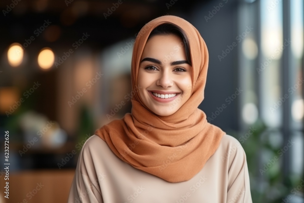 Muslim woman in hijab smiling at camera while standing in cafe, copy space Muslim woman in hijab smiling at camera while standing in cafe, copy space