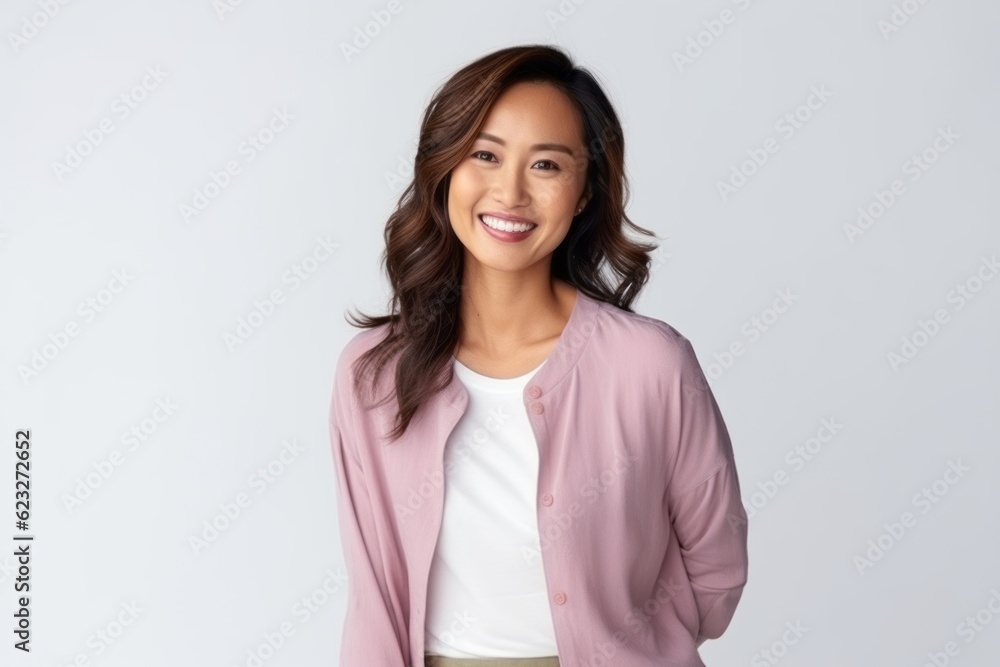 happy asian woman in pink jacket over grey background, looking at camera