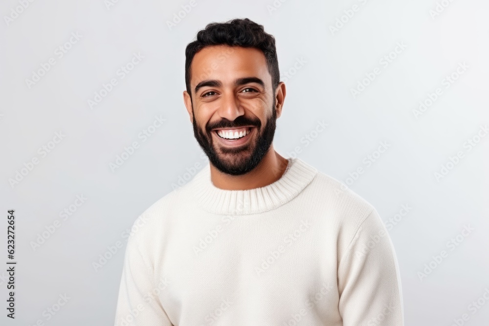 Medium shot portrait photography of a happy Saudi Arabian man in his 30s wearing a cozy sweater against a white background Medium shot portrait photography of a happy Saudi Arabian man in his 30s wearing a cozy sweater against a white background