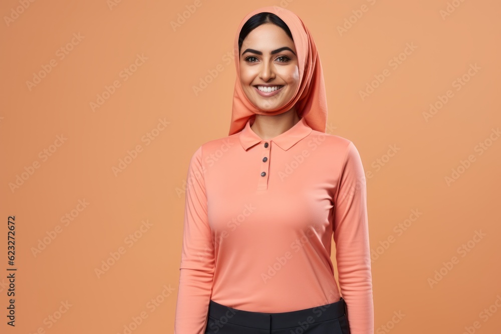 Obraz premium happy muslim woman in hijab looking at camera isolated on orange background