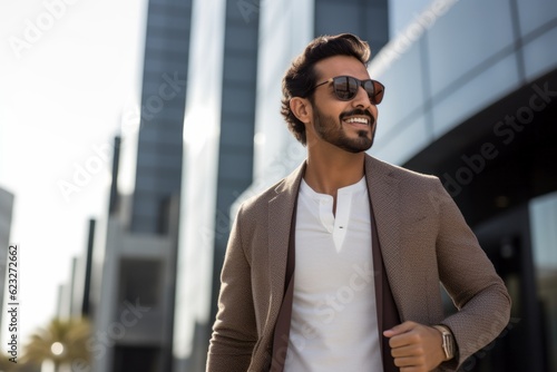 portrait of young indian man in sunglasses walking on city street