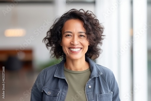 cheerful african american woman with curly hair at office