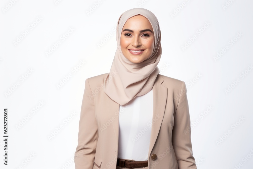 Portrait of beautiful asian muslim businesswoman wearing hijab over white background