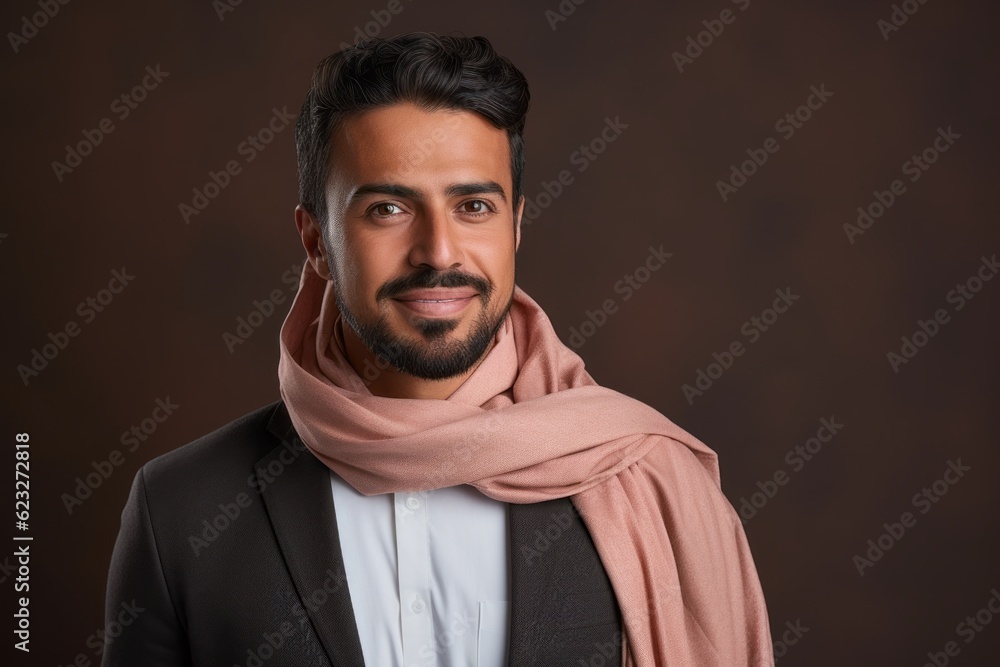 Obraz premium Portrait of handsome Indian man in turtleneck and scarf against brown background