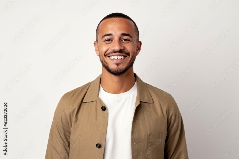 smiling african american man in beige shirt on white smiling african american man in beige shirt on white
