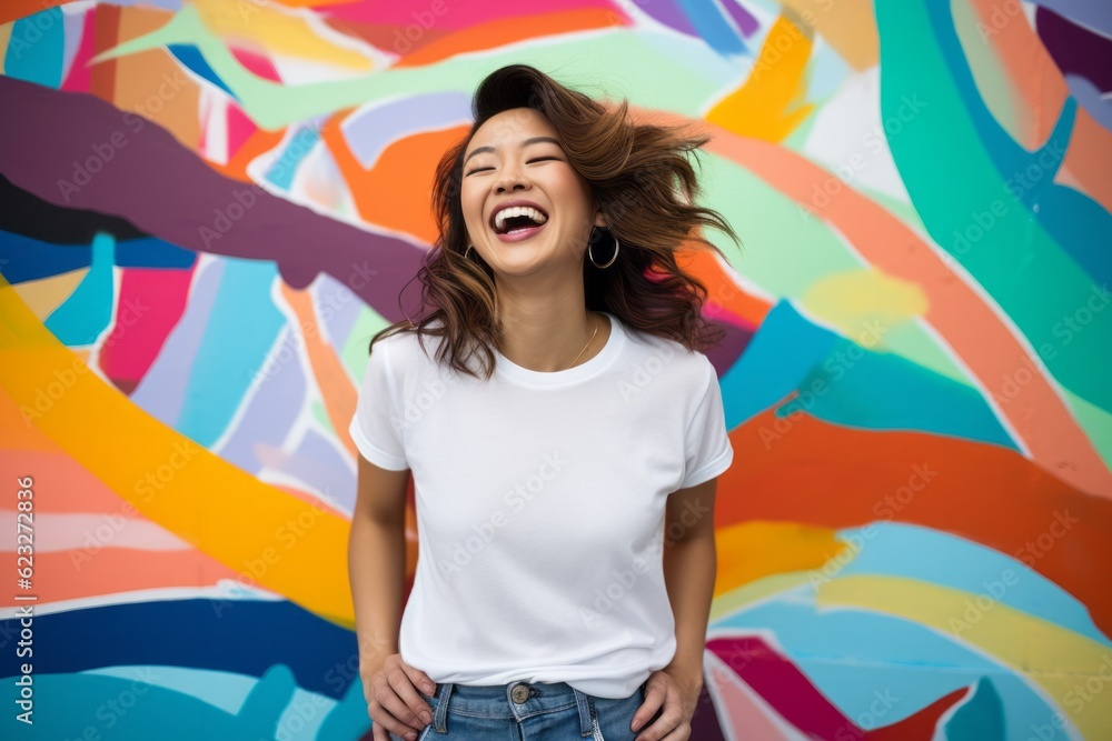 Portrait of beautiful young asian woman laughing on colorful graffiti background