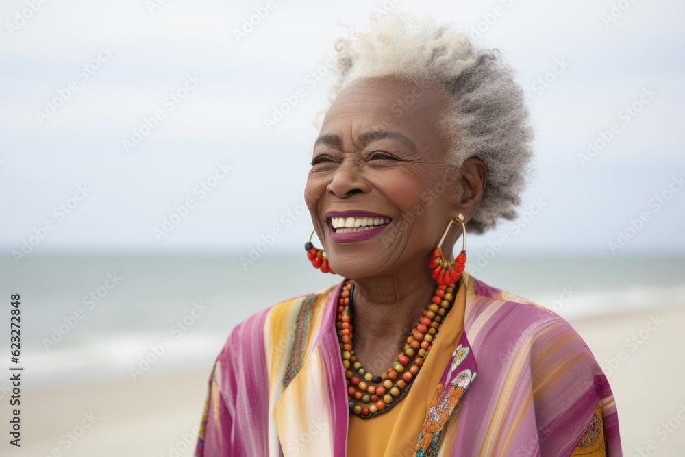 Portrait of happy senior african american woman smiling on the beach Portrait of happy senior african american woman smiling on the beach