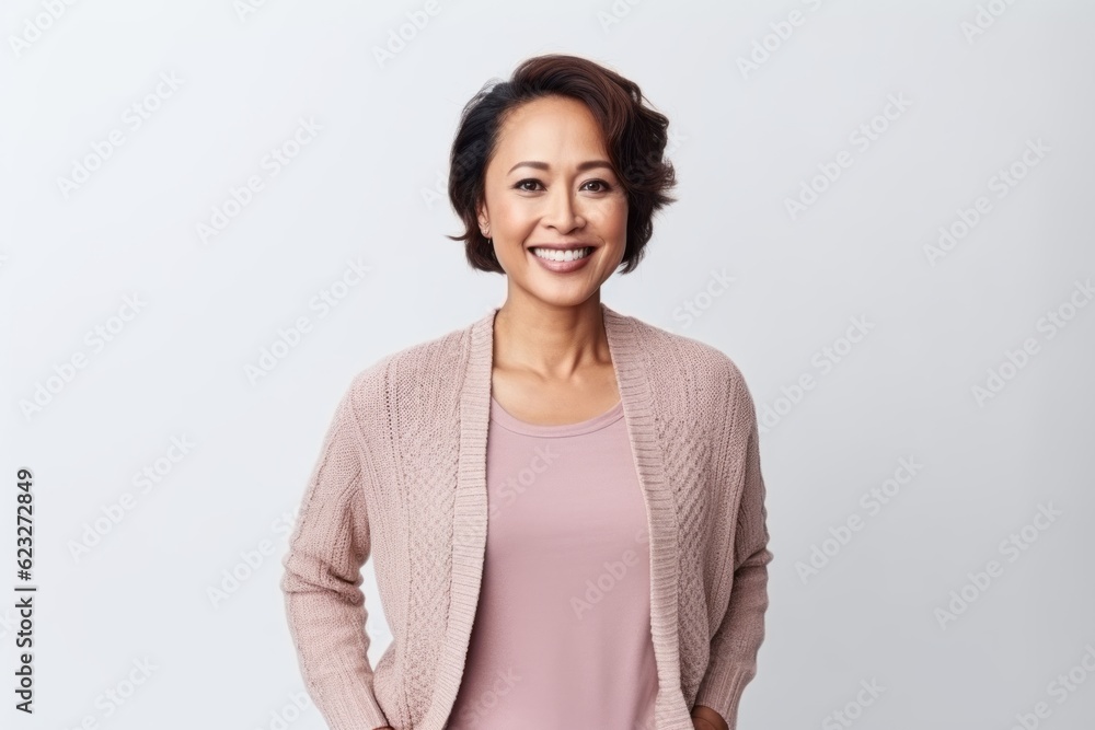 Portrait of a smiling businesswoman standing with hands on hips against white background Portrait of a smiling businesswoman standing with hands on hips against white background