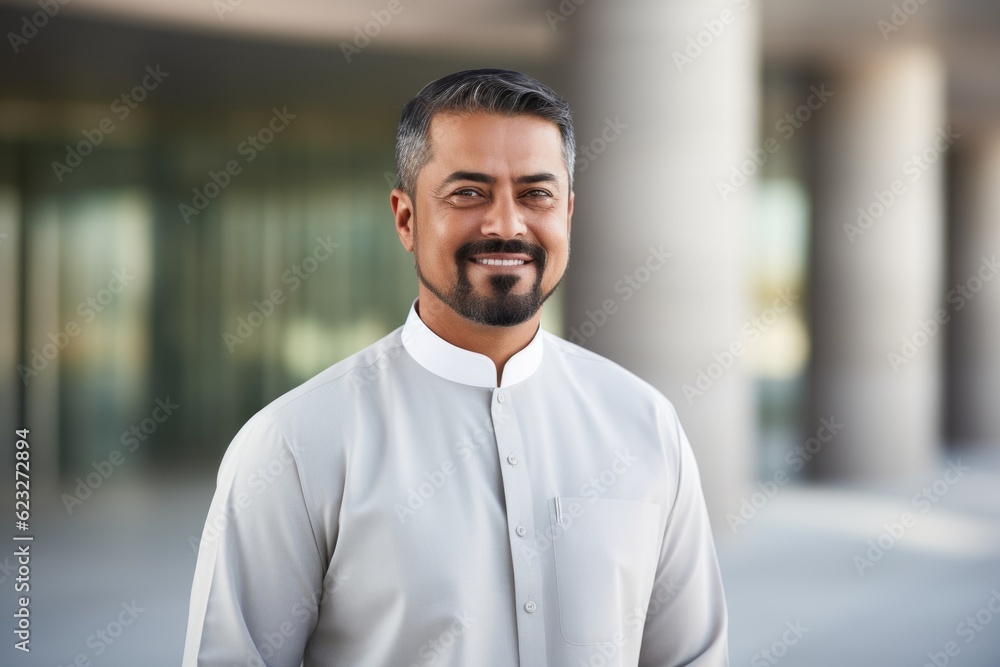 Portrait of a smiling mature man standing in the hallway of a modern building