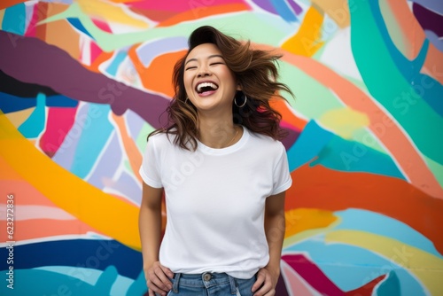 Obraz na płótnie Portrait of beautiful young asian woman laughing on colorful graffiti background w salonie