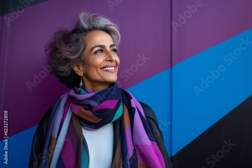 Portrait of smiling young woman in scarf against colourful wall at street