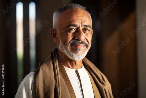 Portrait of a senior Indian man in his 40s wearing a shawl