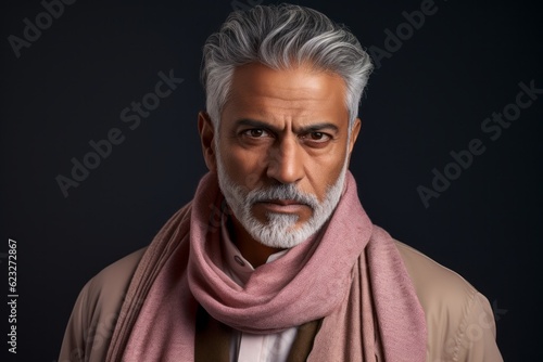 Portrait of a handsome Indian man with grey hair wearing a pink scarf