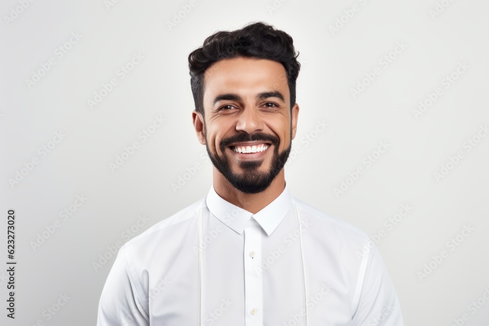 Medium shot portrait photography of a happy Saudi Arabian man in his 30s wearing a chic cardigan against a white background Medium shot portrait photography of a happy Saudi Arabian man in his 30s wearing a chic cardigan against a white background