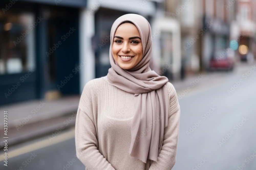 Portrait of a beautiful young muslim woman in hijab smiling on the street Portrait of a beautiful young muslim woman in hijab smiling on the street