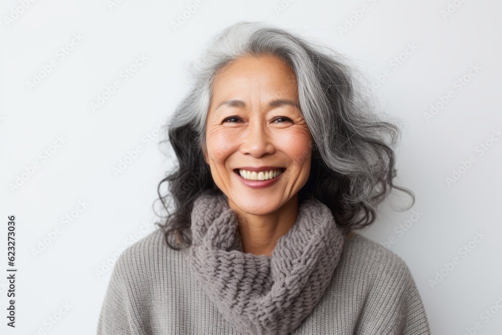 Portrait of smiling senior asian woman with grey hair on white background Portrait of smiling senior asian woman with grey hair on white background