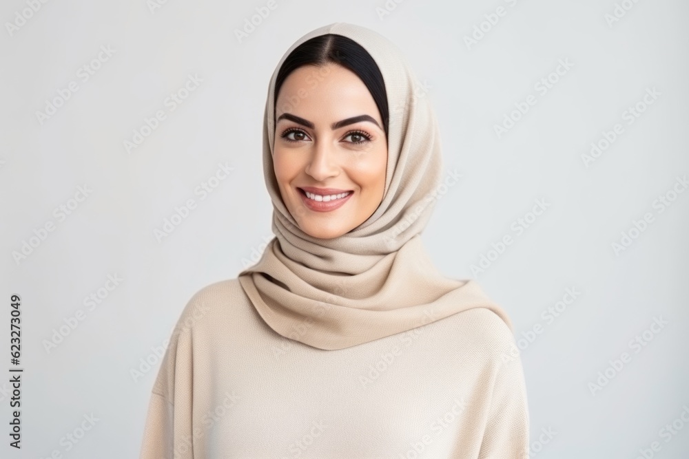 Portrait of a smiling muslim woman in hijab looking at camera isolated on a white background Portrait of a smiling muslim woman in hijab looking at camera isolated on a white background