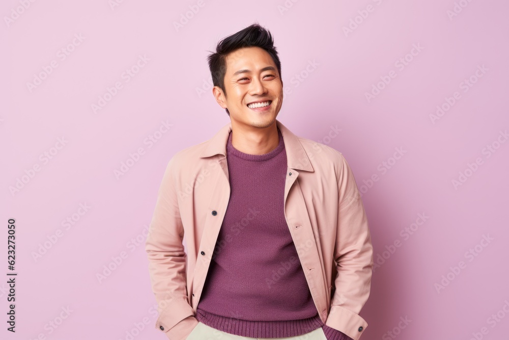 Young asian man smiling on a pink background with copy space. Young asian man smiling on a pink background with copy space.