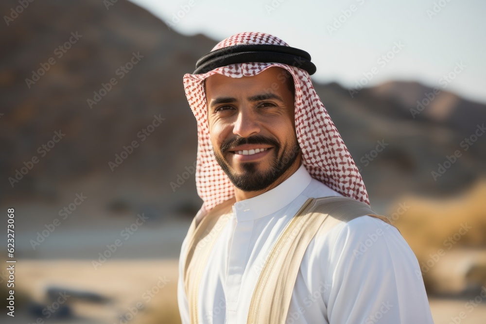Portrait of smiling arabian man in the middle of the desert
